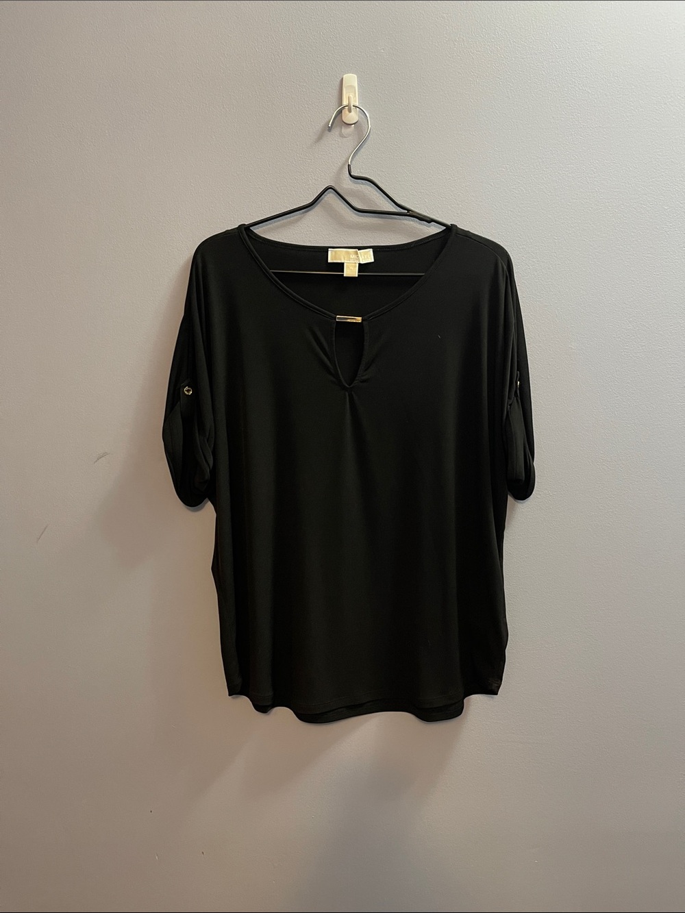 Michael Kors Black Short Sleeve Keyhole Top with Gold Accent